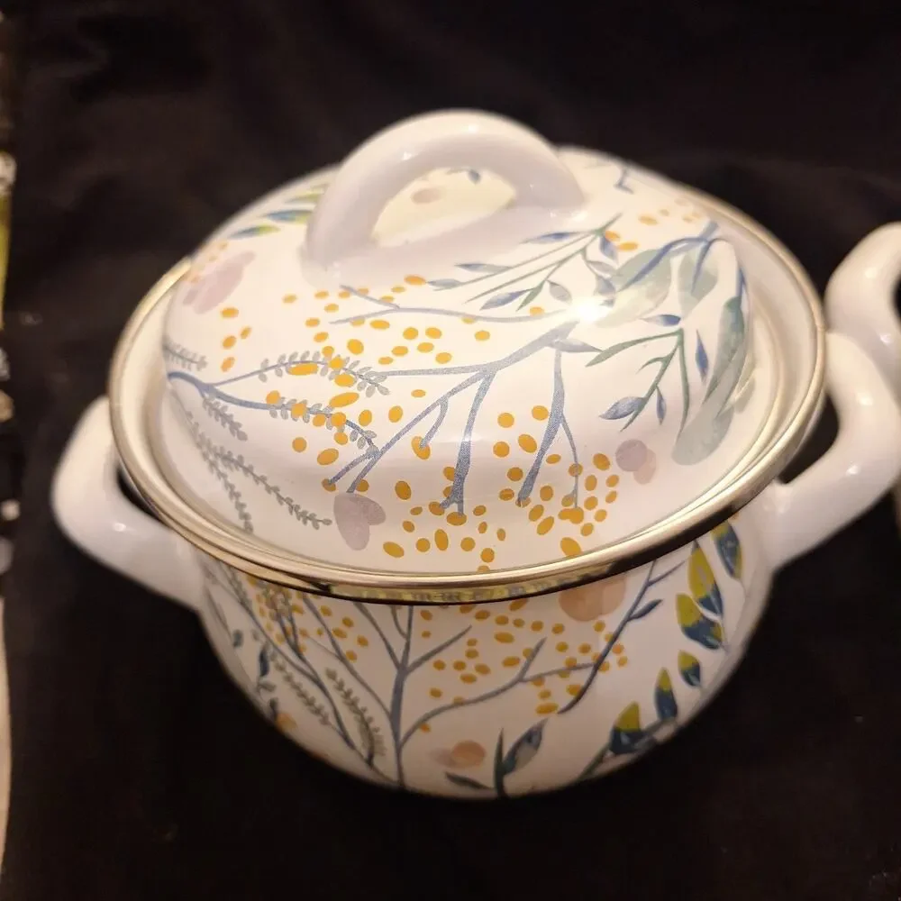 Crofton 1 Qt Enameled Steel Pot Floral with Lid Double Handles 2 Pots One Lid